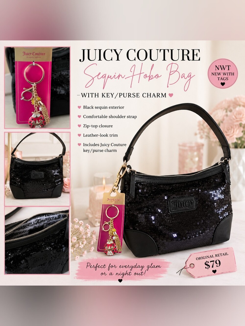 🖤Juicy Couture Black Sequin Hobo Bag + Key/Purse Charm ✨